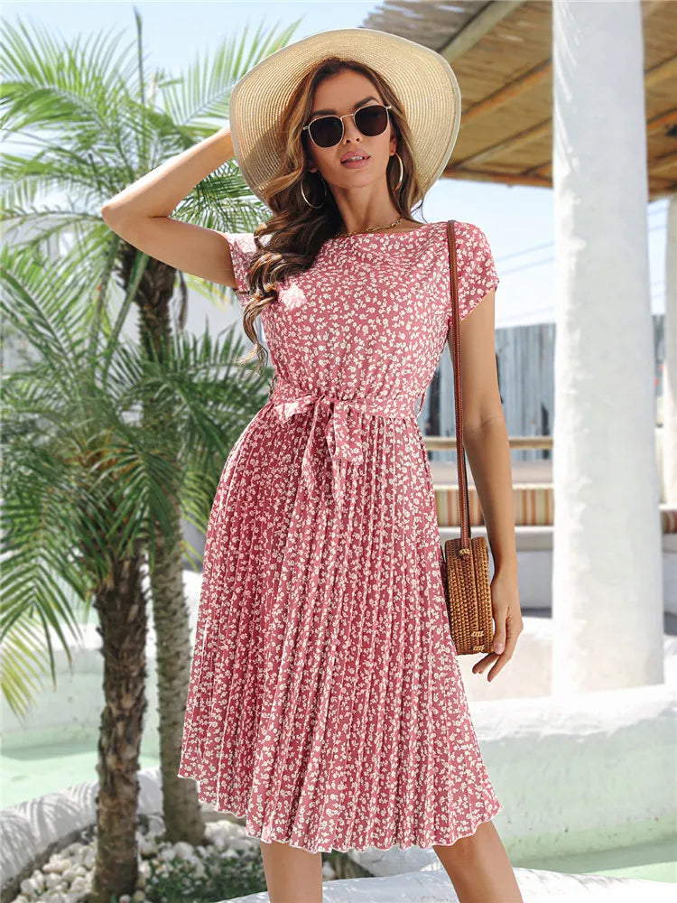 Msfilia Summer Print Pleated A Line Long Dress Women Short Sleeve High Waist Spring Round Neck Chic Dress with Belt