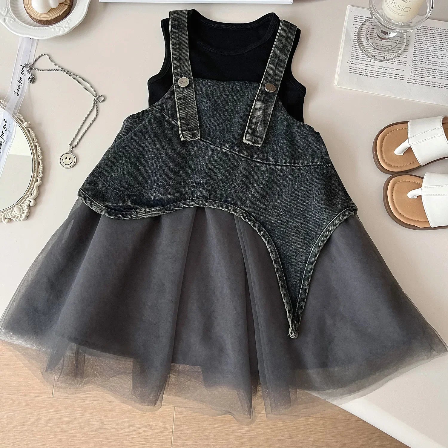 Summer Girls Clothes Sets Sleeveless T-shirt+Denim Mesh Dress Korean Kids Clothing Children Casual Clothes Suits 2 3 4 5 6 7Yrs