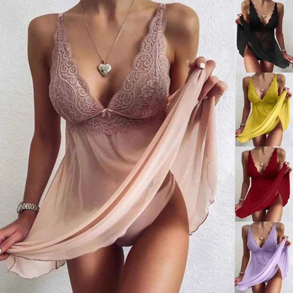 Women's Lingerie Set Seductive Deep V Neck Lace Chemise Nightwear, Sheer Mesh Babydoll Sleepwear Dress for Bridal Night
