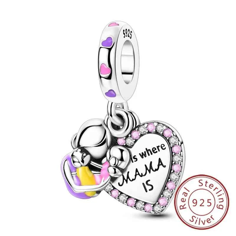 Original 925 Sterling Silver Charm Bead Mother's Day Love Heart Family Charm Bead Pendant Fits Bracelet Womens Jewelry Gifts