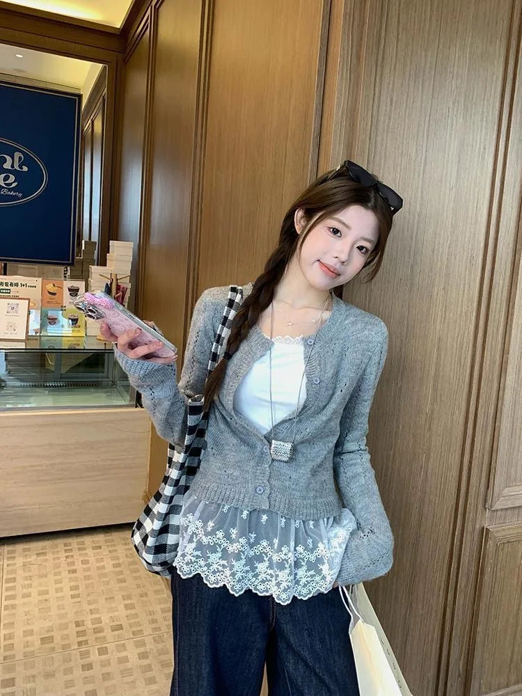 Lace Undershirt Ruffle Patchwork Hem Cami 2025 Sexy Top Women's Long Sleeveless T-Shirt Camisole Y2K Korean Gray Cotton Camis
