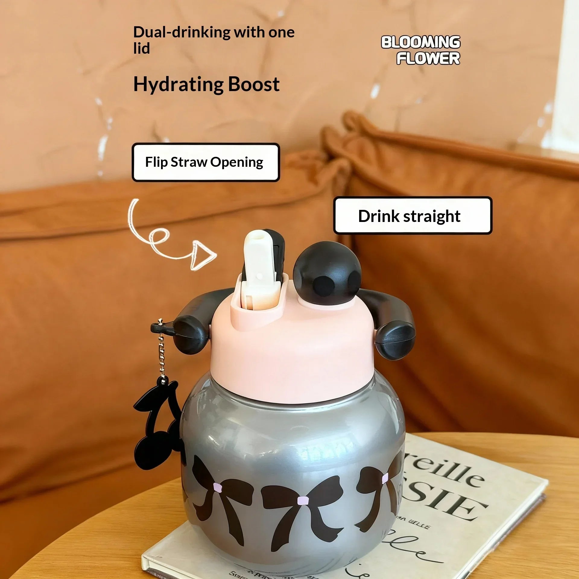 Cute Water Bottle with Decoration, Dual Straws Design, Anti-Lipstick Stain, Detachable Travel Strap Durable Plastic Material