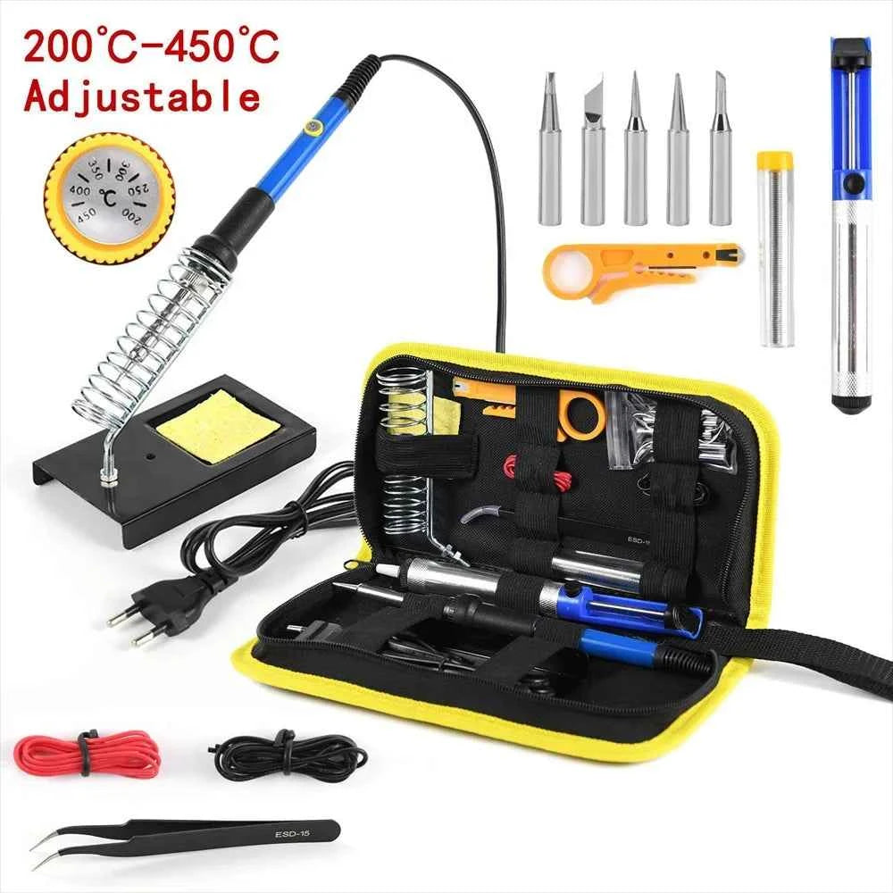 15pcs Kit 220V 60W Soldering Iron Kit 450°C Adjustable Temperature Welding Tool Set With Solder Sucker Tin Wire EU PLUG