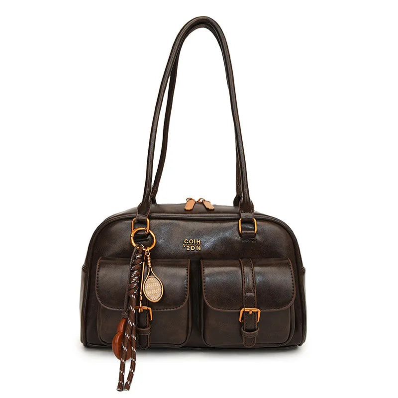 Women Multi Pocket Shoulder Tote Bag with Golden-Tone Hardware & Letter, Stylish Handbag Purse for Travel, Work, Shopping, Dates