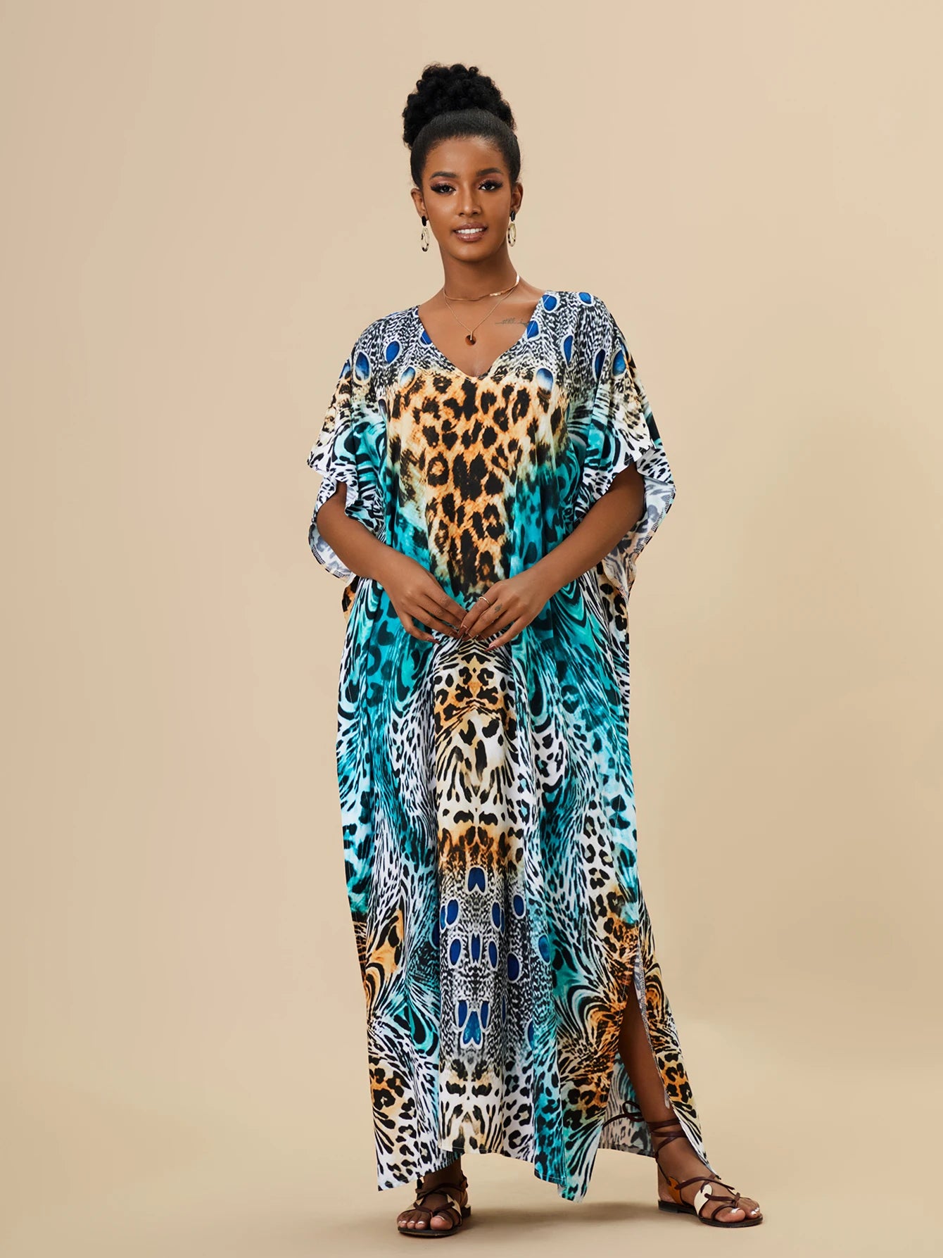 EDOLYNSA 2023 Bohemian Printed Loose Kaftan Casual Summer Vacation Maxi Dress Women Clothing Beach Wear Swim Suit Cover Up Q1469