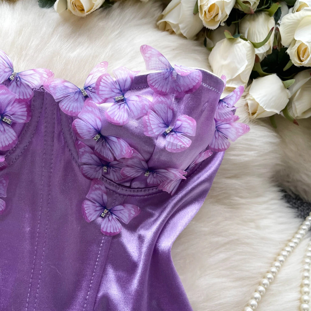 SINGREINY 3D Butterfly Satin Sexy Top European Sleeveless Fishbone Corset 2024 Female Senior Streetwear Hotsweet Strapless