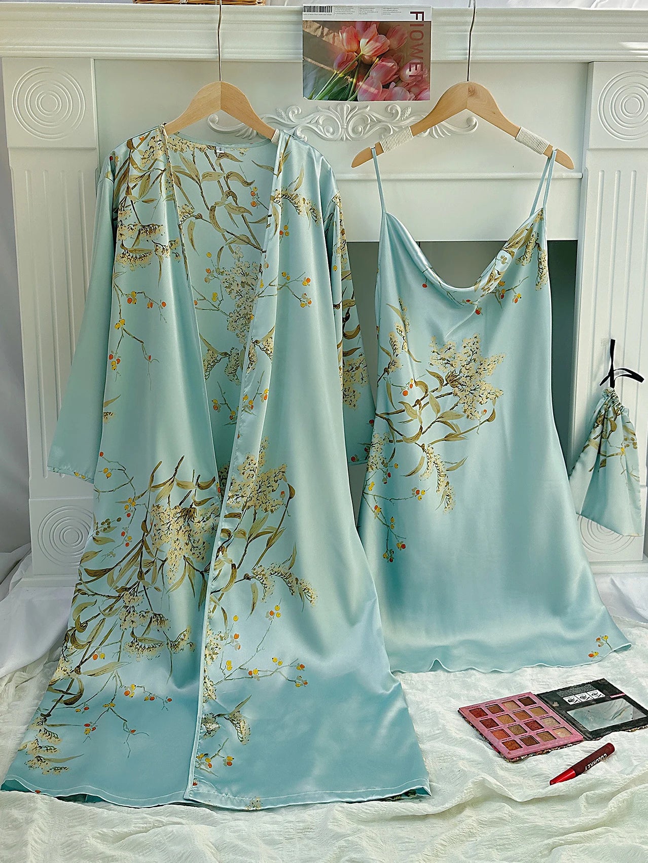 Floral Print Pajama Set Long Sleeve Robe With Belt   V Neck Slip Dress  Women's Sleepwear  Loungewear