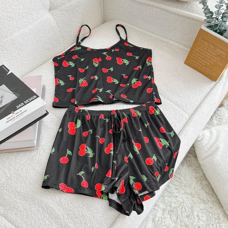 Women Casual Pajama Ladies Sexy Sleepwear Print Round Neck Ice Silk Top T-Shirt and Shorts Sets Breathable Comfortable Home Wear