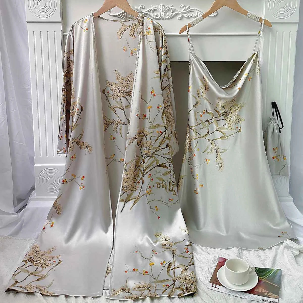 Floral Print Pajama Set Long Sleeve Robe With Belt   V Neck Slip Dress  Women's Sleepwear  Loungewear