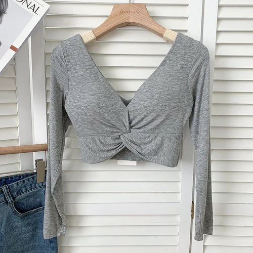 t shirt woman crop tops long sleeve kawaii T shirts built in bra women sexy top harajuku korean fashion