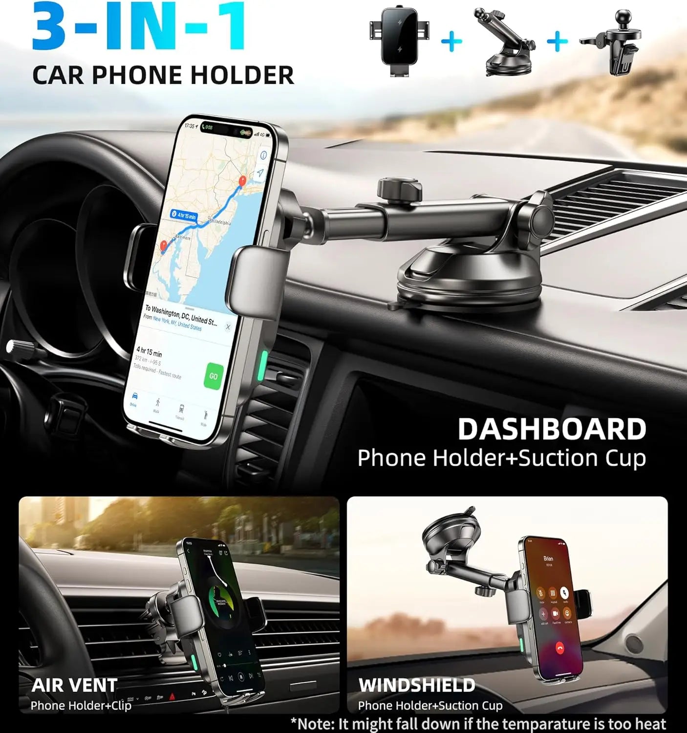 15W Car Phone Holder Wireless Car Charger Dual Coil Dash Vent Windshield Auto Clamping Charging Phone Holders for iPhone S24/S23