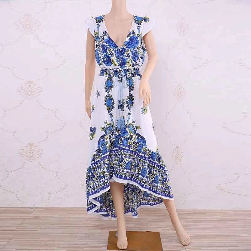 Customizable Duzeala 2022 New Women Summer Boho Beach Maxi Dress Sexy V Neck Vintage Print Long Dresses Casual Sundress Dress
