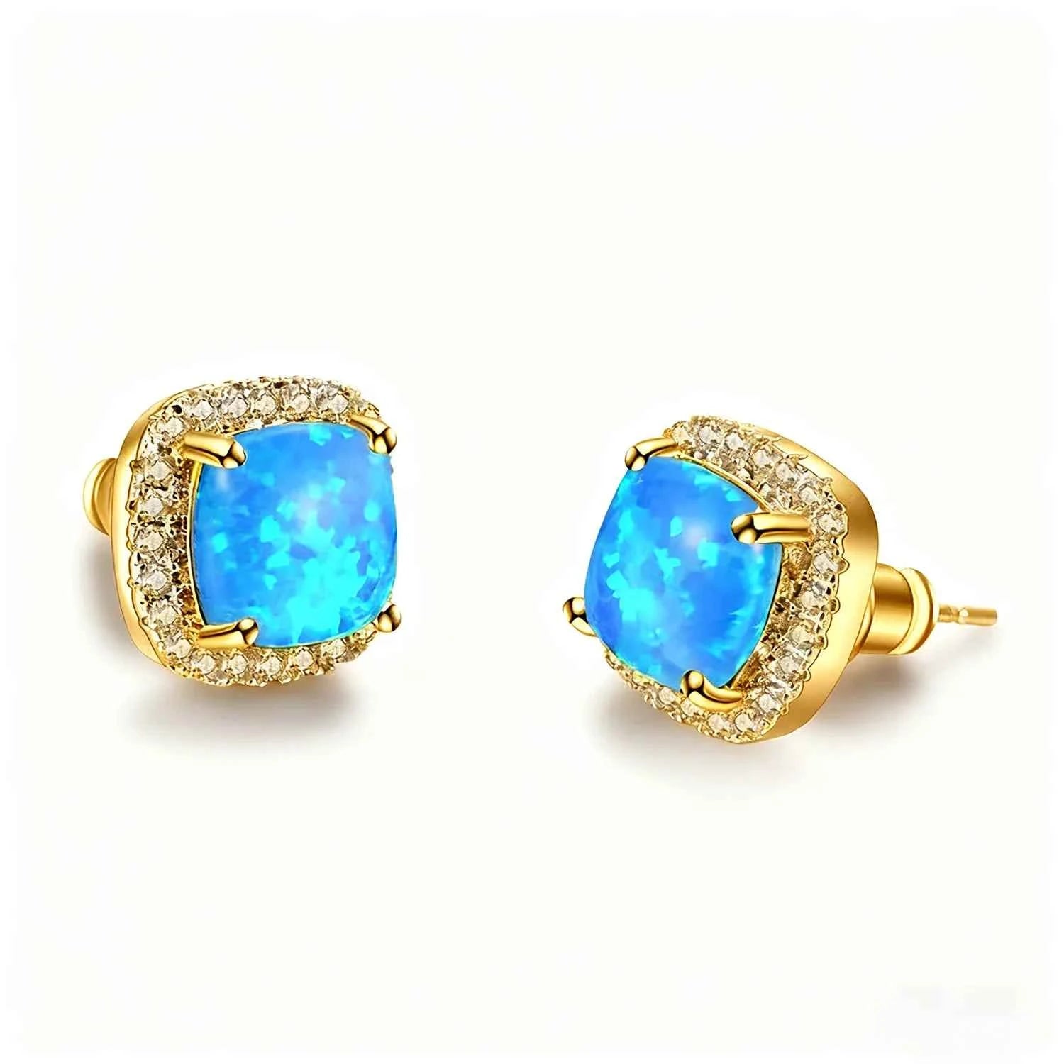 Multi-Color Available Opal Stone & Zirconia Earrings,Elegant Square Opal Studs,Silver Color Daily Luxury Jewelry,Gift for Women