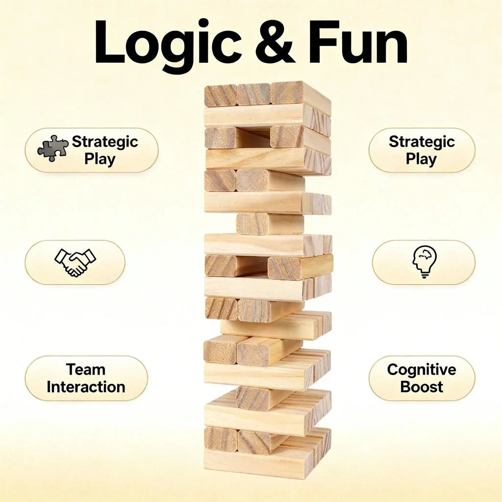Classic Tower Game - 54 Pieces Wooden Stacking Blocks for Family Kids, Brain Teaser Balance Party Game, Educational Pullin