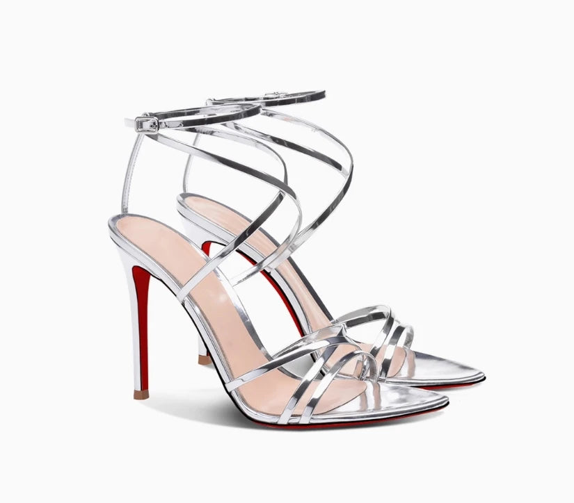 2025 Customized Edition  Silver Pointed Toe Cross Straight Strap Sandals with Thin Heels, Women's Sexy High Heels, Fashion Shoes