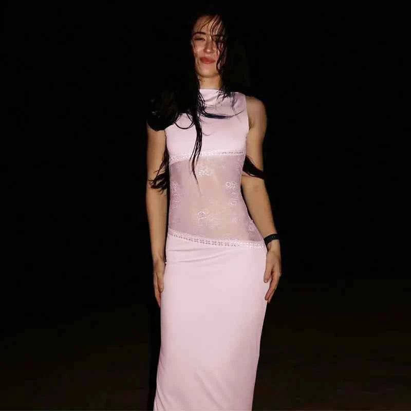 Woman's Elegant Sleeveless Lace Patchwork Evening Dress Black High Street O-neck Backless Hollow Out Slim Long Party Dresses