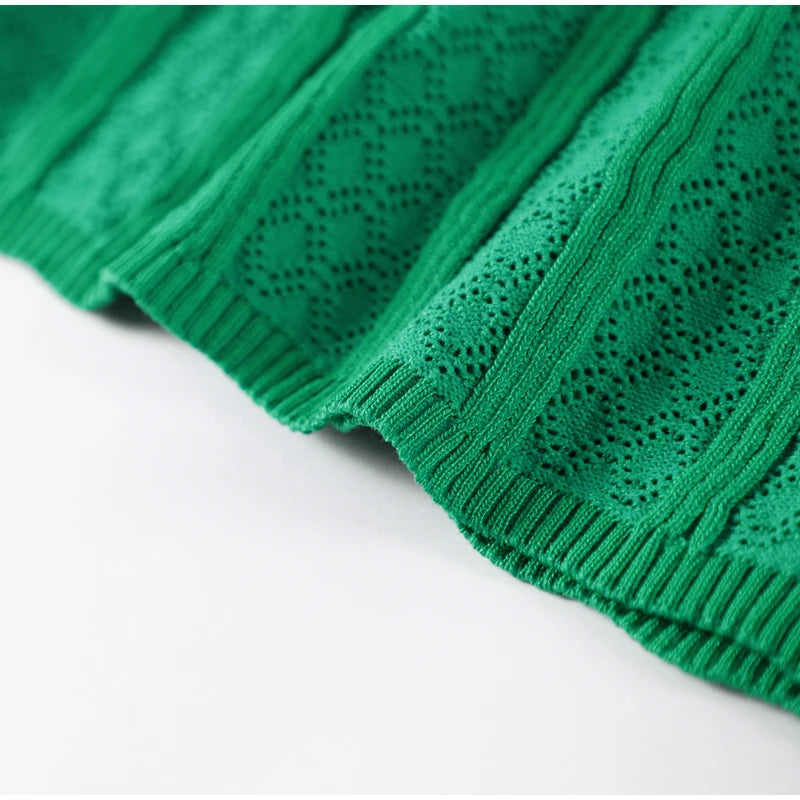 Knitted Women Long Dresses Hollow Out Short Sleeved Women Split Dress O-neck Single Breasted Female Solid Elegant Ladies Robe