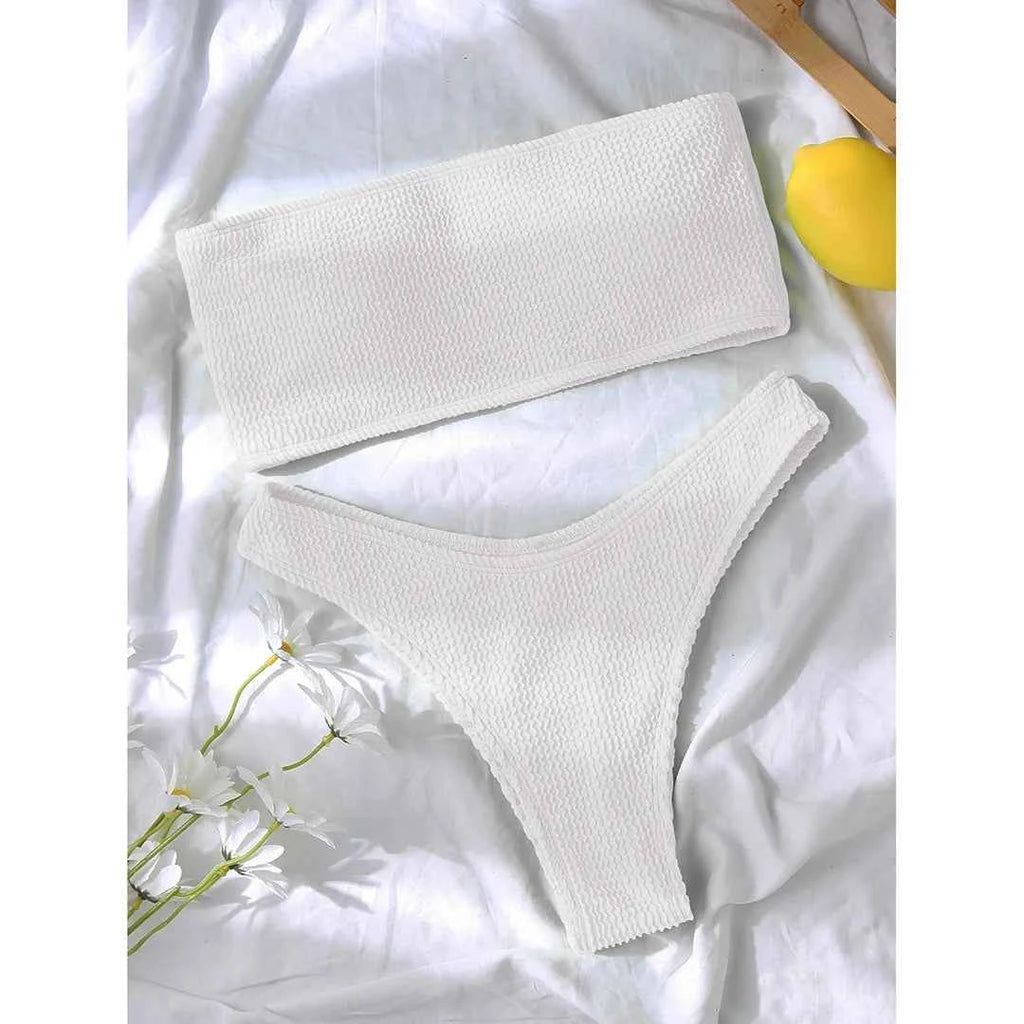 Bandeau Wrinkled Crinkled Bikini Female Swimsuit Women Swimwear Two-pieces Bikini set High Cut Bather Bathing Suit Swim V3314