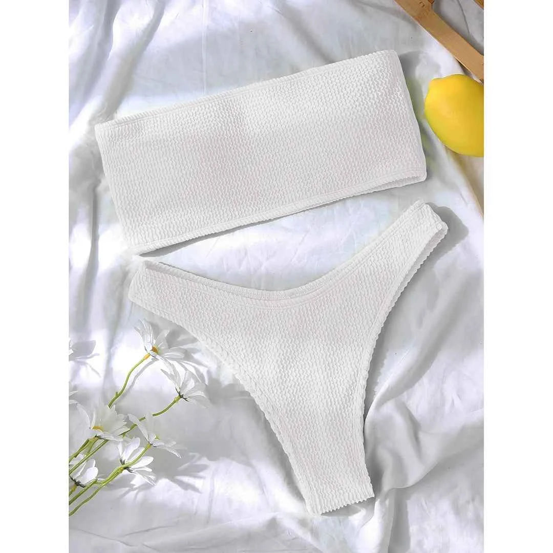 Bandeau Wrinkled Crinkled Bikini Female Swimsuit Women Swimwear Two-pieces Bikini set High Cut Bather Bathing Suit Swim V3314