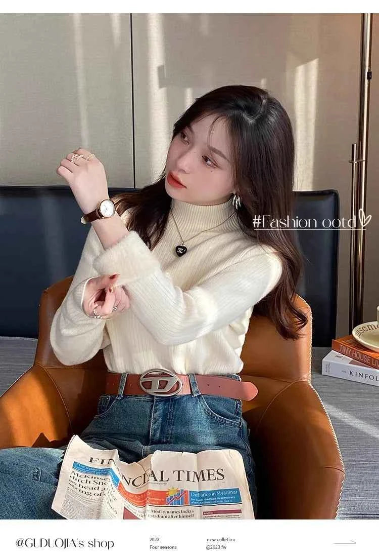 Sweater For Women Winter Thicken Turtleneck Slim Knit Pullover New Warm Plush Velvet Lined Knitwear Jumper Tops Casual Poleras