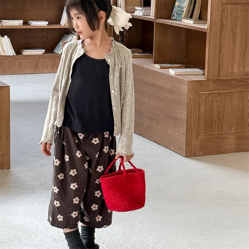 2026 Spring New Children Casual Pants Fashion Flower Print Girls Harem Pants Cotton Kids Loose Trousers Boys Cute Baby Clothes