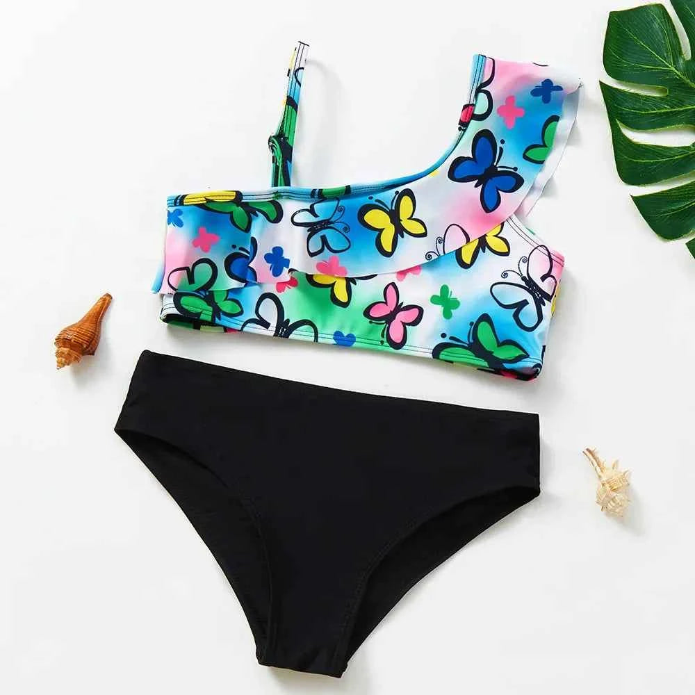2-10Y New Fashion Kid Rainbow Design Bikini Set Lovely Two Pieces Child Swimwear Cute Girl Flouncing Swimsuit Summer Beachwear
