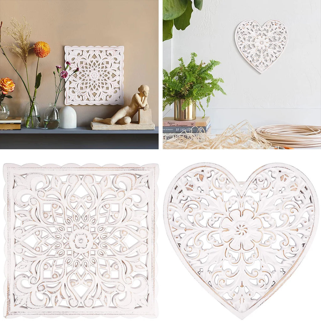 Wooden Wall Decor Floral Hollow Carved Wall Panel Hanging Decor Rustic Wall Art Sculpture Home Wall Ornament for Hallway Bedroom