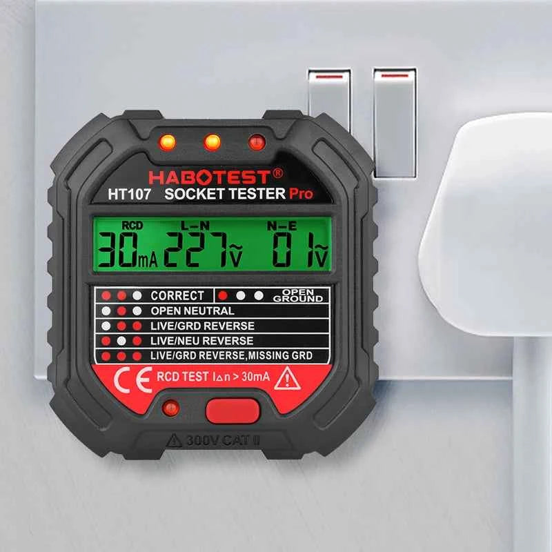 HT107 Outlet Socket Tester Digital Plug AC Voltage Detect 30mA RCD Test Polarity Phase Check Circuit Checker Bicolor Backlight