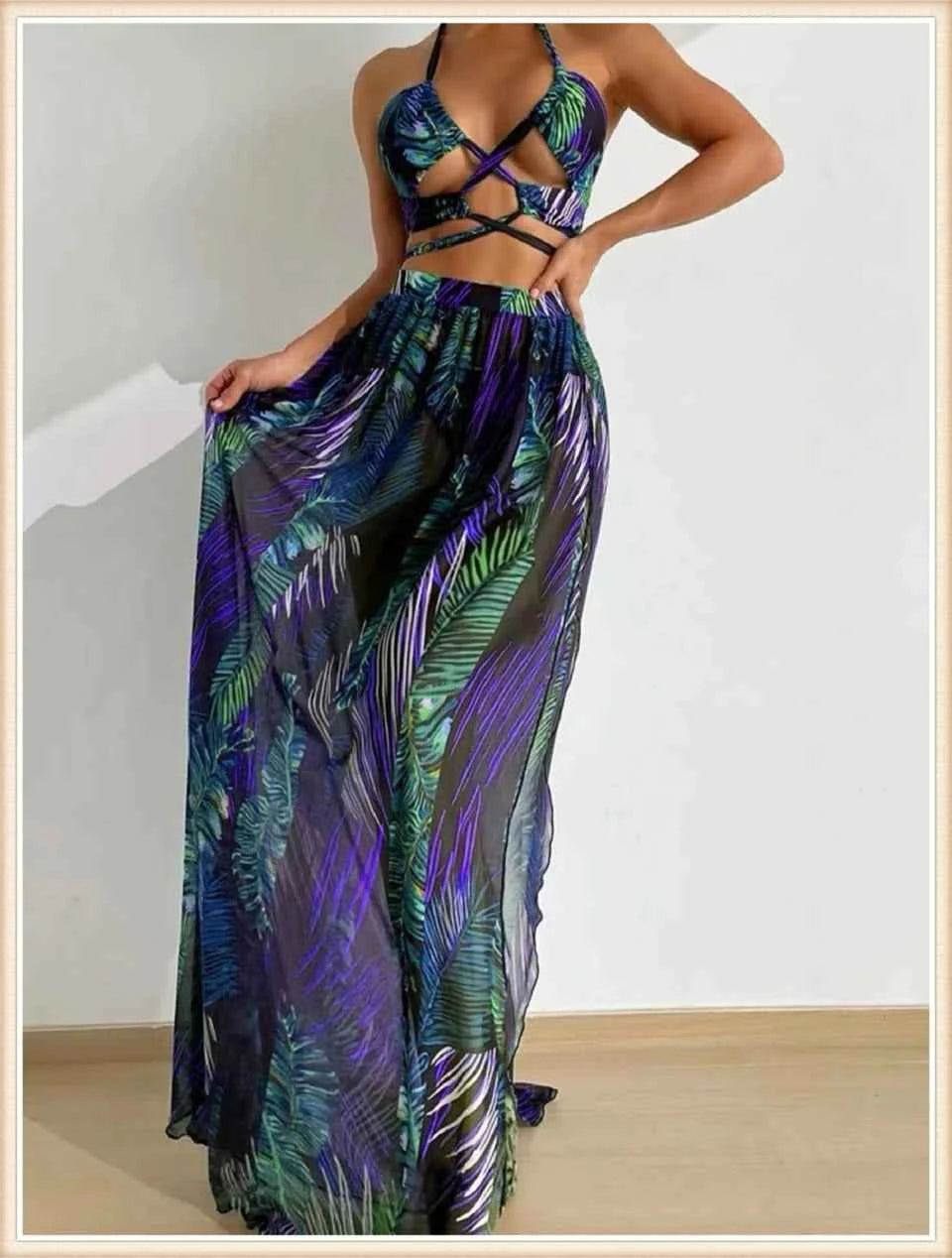 3 Pieces Print Cross Bikini 2025 Women Sexy Halter Swimsuit & Cover Up Beach Dress Swimwear Bathers Bathing Swimming Suit Summer