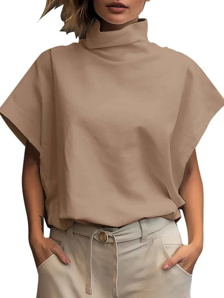 Women Fashion OL Work Shirt 2024 ZANZEA Summer Elegant Turtleneck Short Sleeve Blouse Casual Loose Office Tops Party Blusas