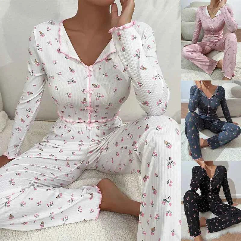 Y2K Cute Floral Ribbed Pajama Set Womens Long Sleeve V Neck Two Piece Sleepwear Homewear Autumn Winter Bow Lettuce Trim New Hot