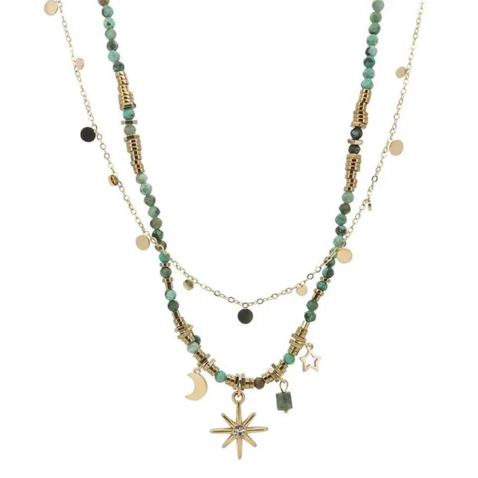 ZAKOL Vintage Bohemian Style Stone Beads Necklace for Women Charm Mang Star Pendant Stacked Clavicle Chain Fashion Jewelry Gifts