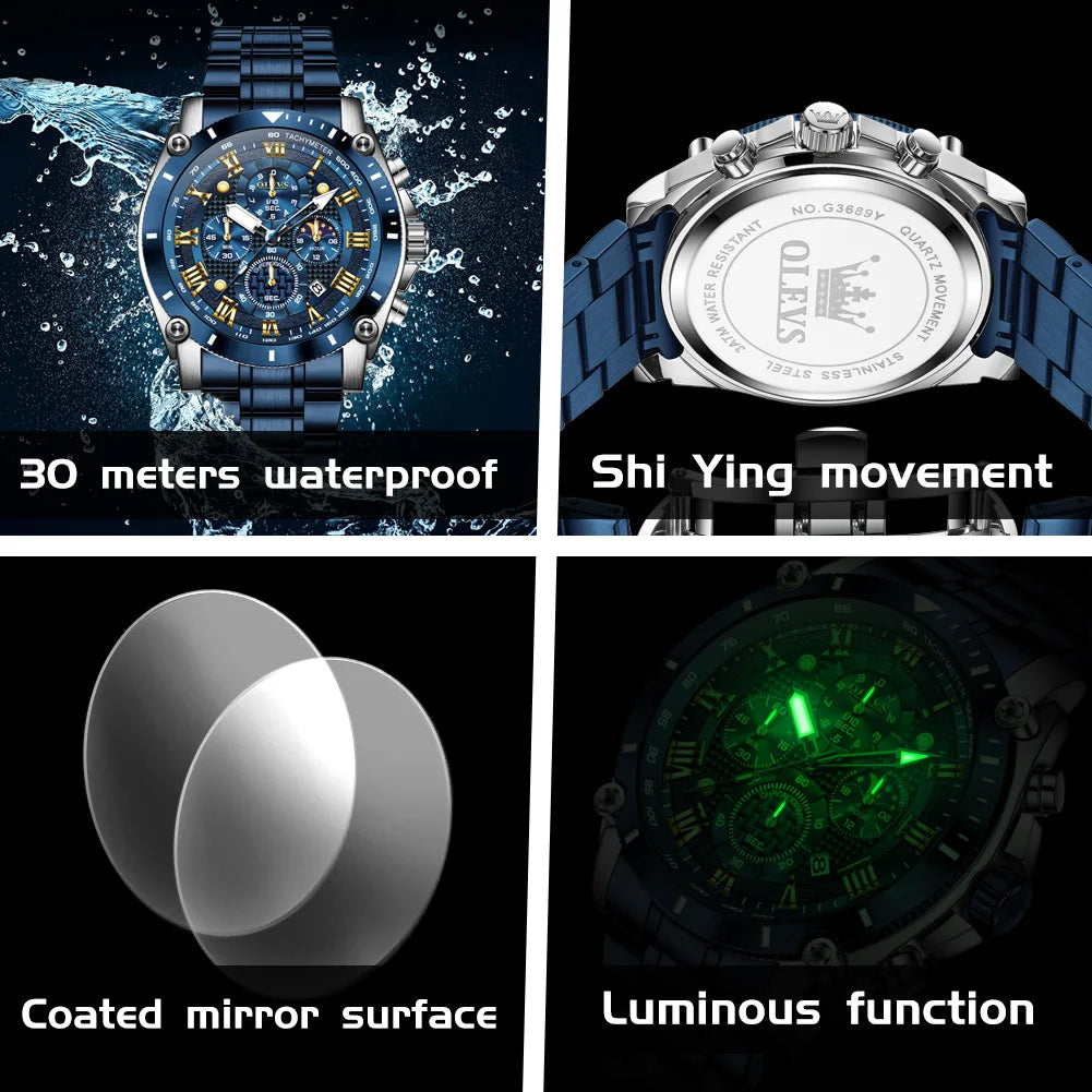OLEVS Watches Man 3689 Multifunctional Sports Quartz Watch 30m Waterproof Luminous Date Mens Watch Original Business Brand