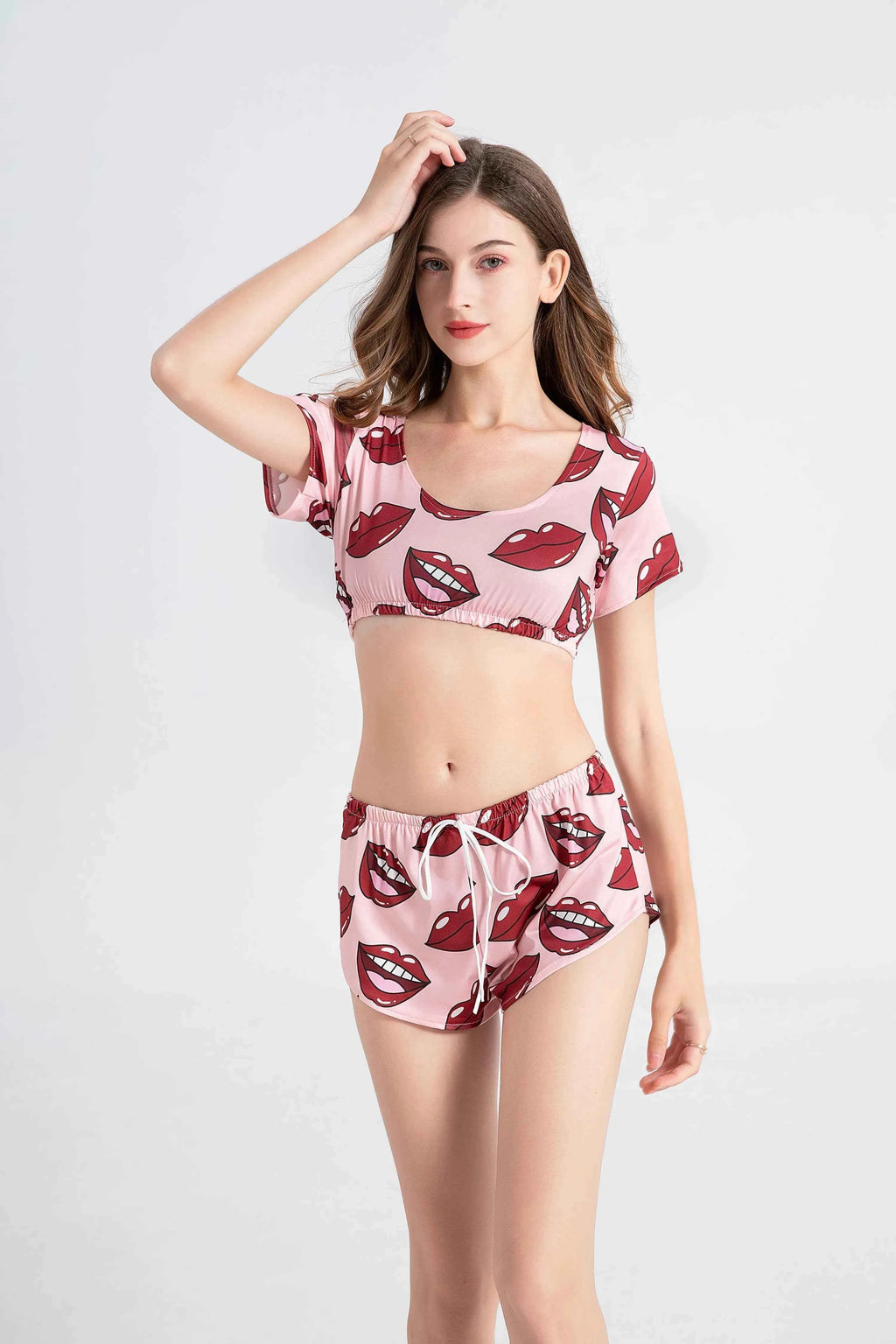 Summer Short Sexy Casual Lips Print Female Sleepwear Suit Pajamas 2pcs Top+Pants Skinng Women Homewear Underwear