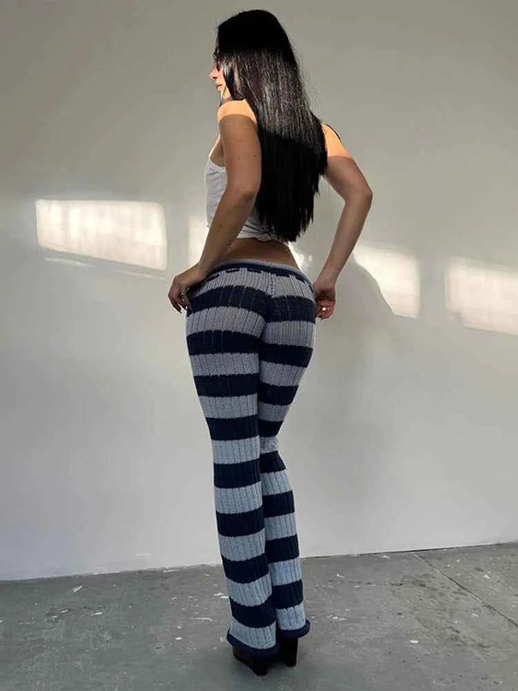 Kliou Stripe Patchwork Long Pants Woman Autumn Trend Crochet Shirring Elastic High Waist Skinny Peach Hip Street Style Bottoms