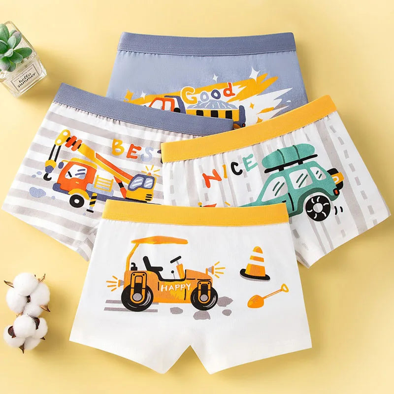 4/8Pcs High Quality Cotton Boy Boxer Brief Cool Excavator Pattern Kids Boxers Breathable Children Underwear Soft Bottom Panty