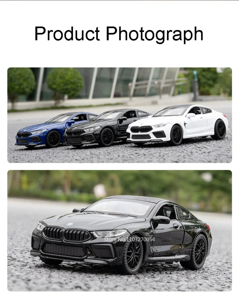 1:32 M4 M8 Miniature Car Alloy Diecast Model Toys 4 Doors Opened Rubber Tires Sound Light Pull Back Vehices Home Decor Ornaments
