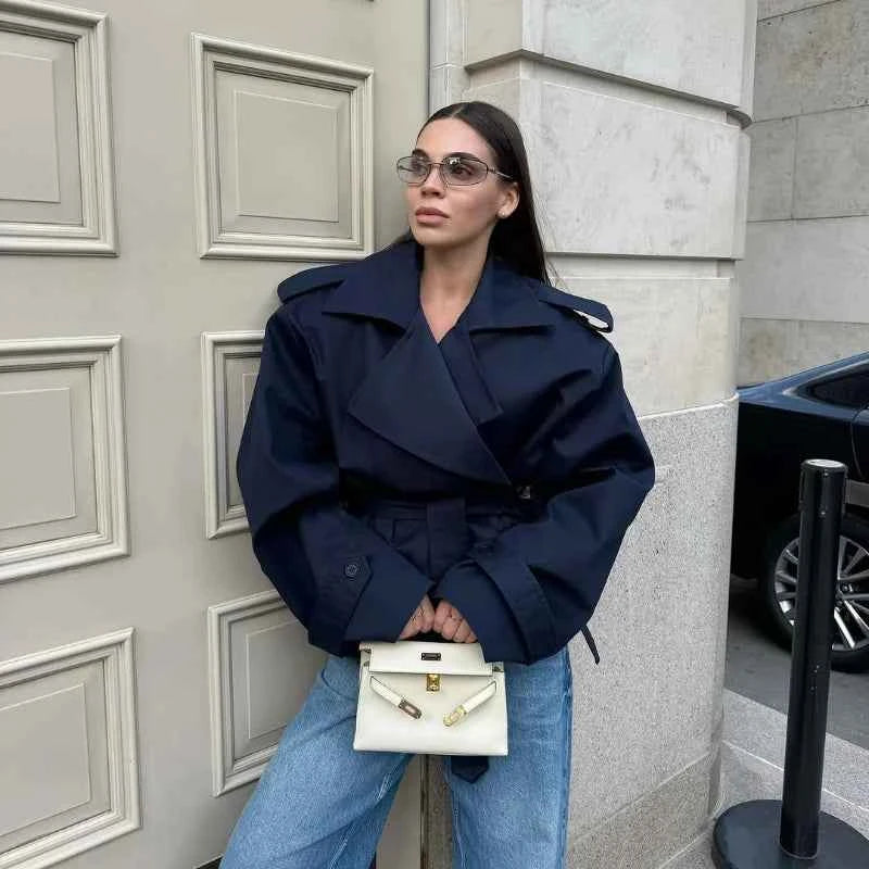 Cropped Lace-up Blue Casual Trench Coat Women Lapel Long Sleeve Wide Shoulder Windbreaker Jacket Fall Commute Daily Streetwear