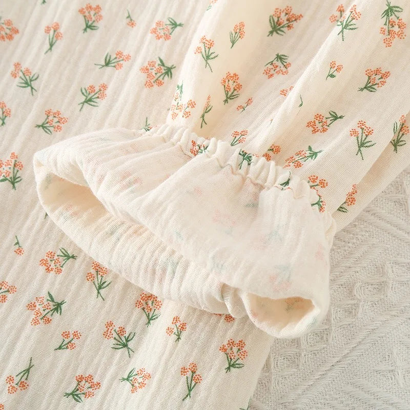 2023Women's Pajamas Pure Cotton Women's Long sleeved Pants Round Neck Loose Homewear Small Fower Print Baby Cotton Sleepwear Set