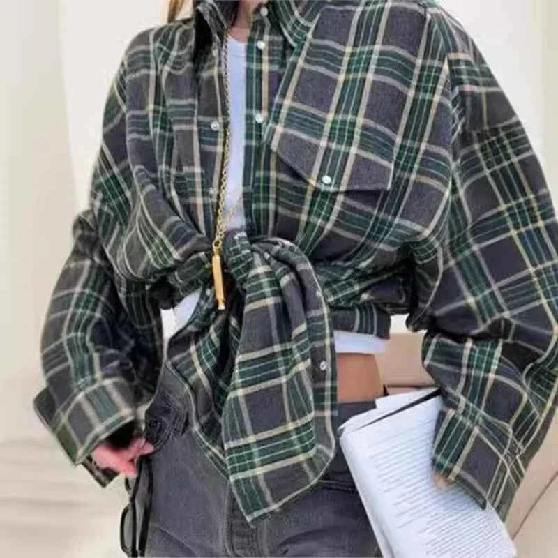 Vintage Plaid Blouse Women Spring Summer Korean Pocket Long Sleeve Lapel Shirt Fashion Streetwear Y2K Clothes 2026 Oversize Tops