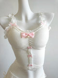 Sweet Crop Top Women Lace Trim Cotton Cropped Bows Bead Decoration Pink White Cute Camis Sweet Girls Lolita Style Kawaii Clothes