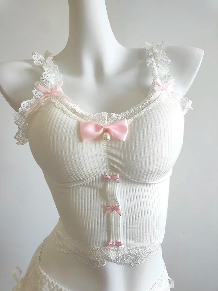 Sweet Crop Top Women Lace Trim Cotton Cropped Bows Bead Decoration Pink White Cute Camis Sweet Girls Lolita Style Kawaii Clothes