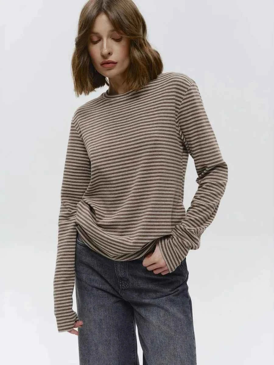 Bornladies Autumn New Fashion Women Cotton Striped Long Sleeve T Shirt Office Casual Simple Round Neck Pullover Tops & Tees
