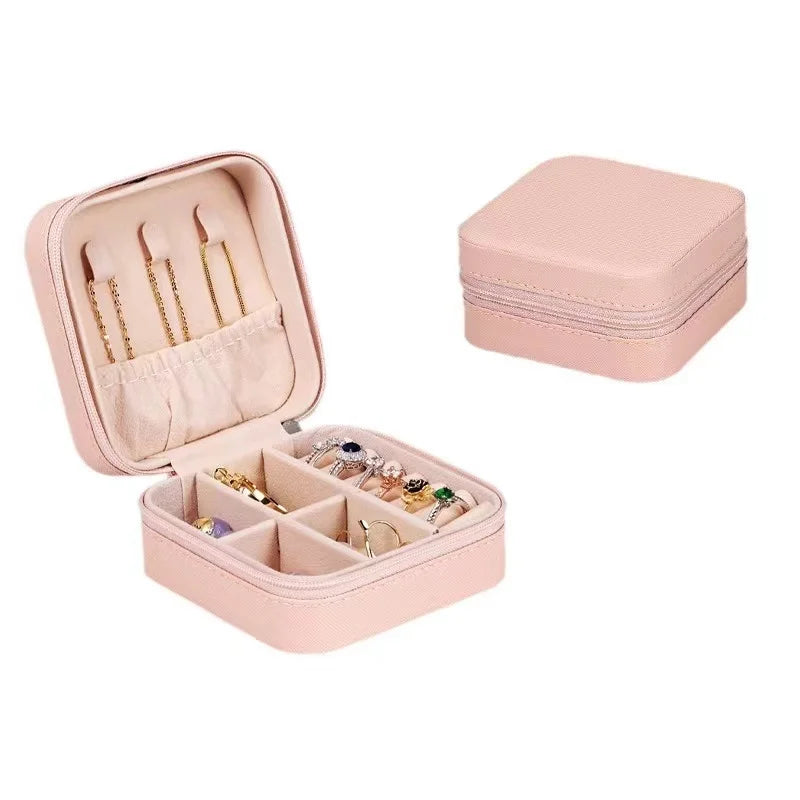 Pink Color Portable Leather Jewelry Travel Case With Velvet Lining
