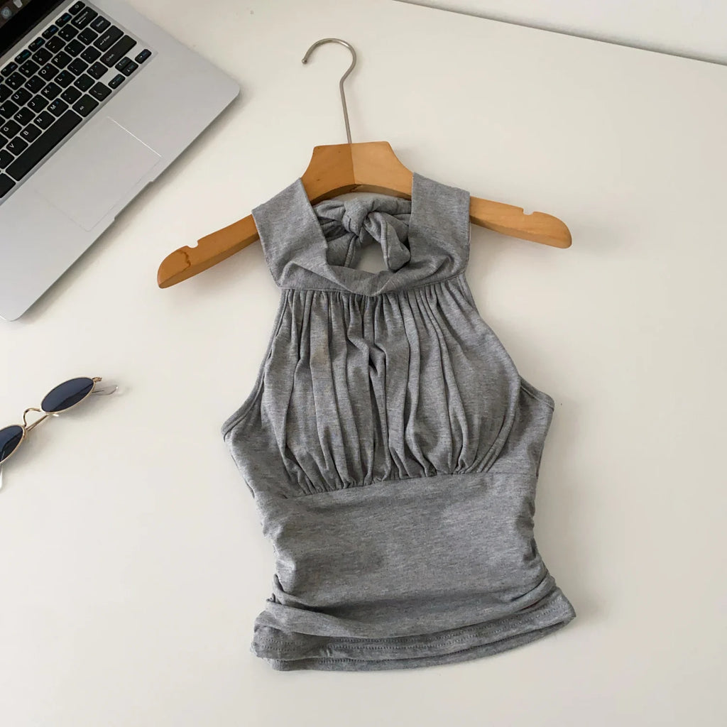 SINGREINY Office Lady Elastic Slim Tank Top Fashion Women Halter Sleeveless Lace Up Solid Short Camis Ruched Backless Sexy Top