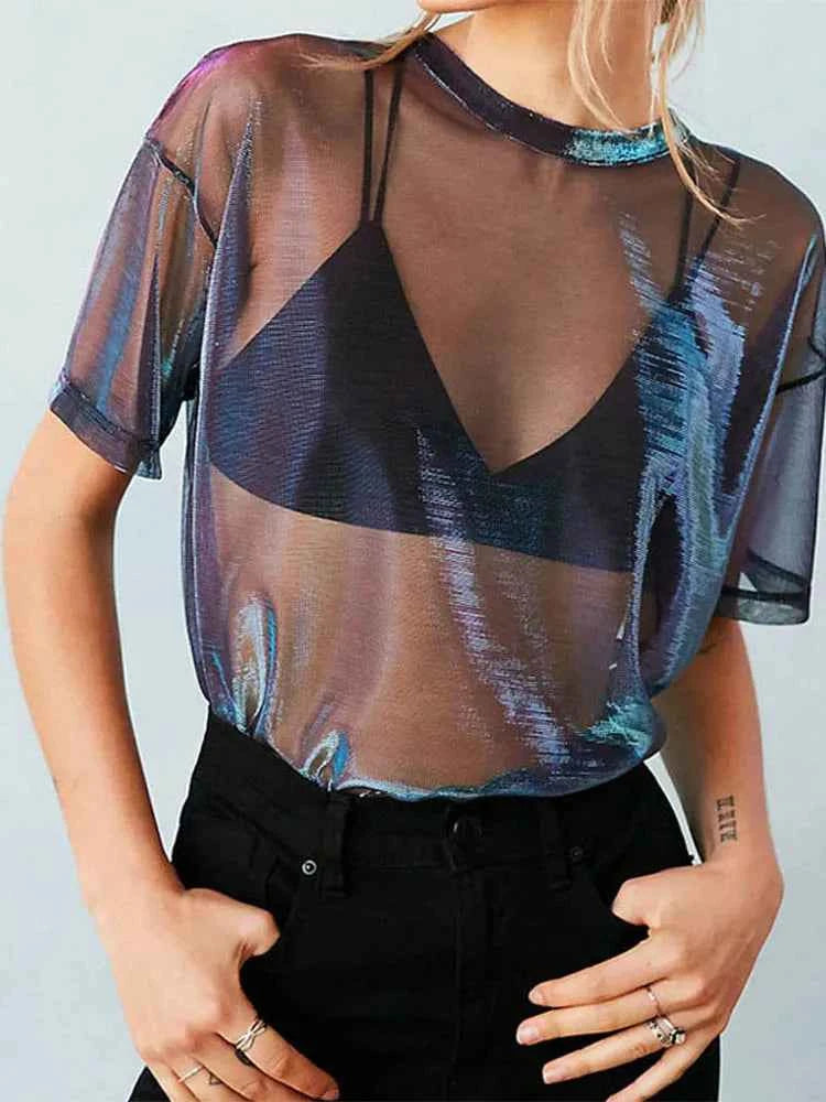 Summer Sexy Mesh Tee See-Through Women T-shirts Short Sleeve Perspective Shine Casual Women Tops Lady Vintage Blusa