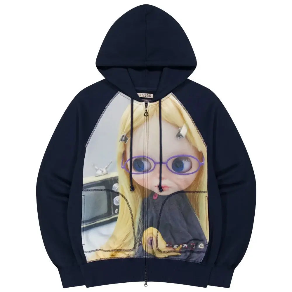 COY Big eye doll digital print hooded open jacket hoodie design sense coat
