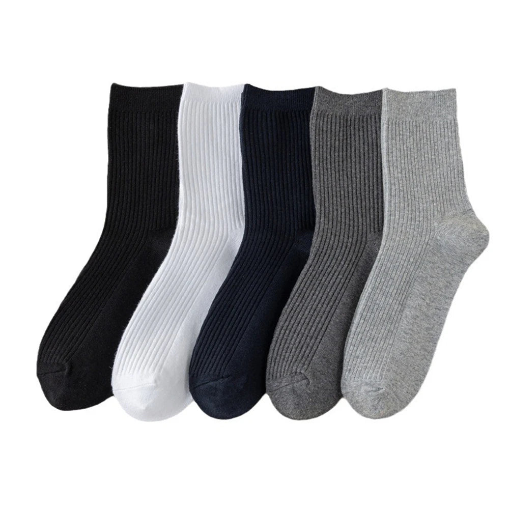 5 Pairs Socks Men's Mid-tube Sweat Absorption Business Sports Black Solid Color Stockings Autumn Winter Double Needle Breathable