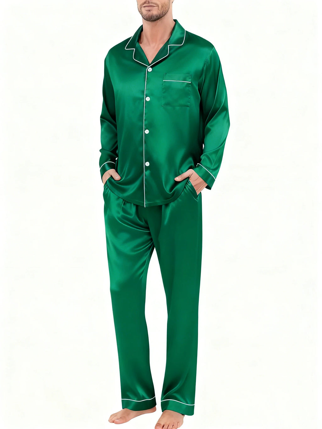 Men's Luxury Pajama Set with Contrast Trim Long Sleeve and Pockets Pants Comfortable Loose-Fit Pajamas for Men Sleepwear Sets
