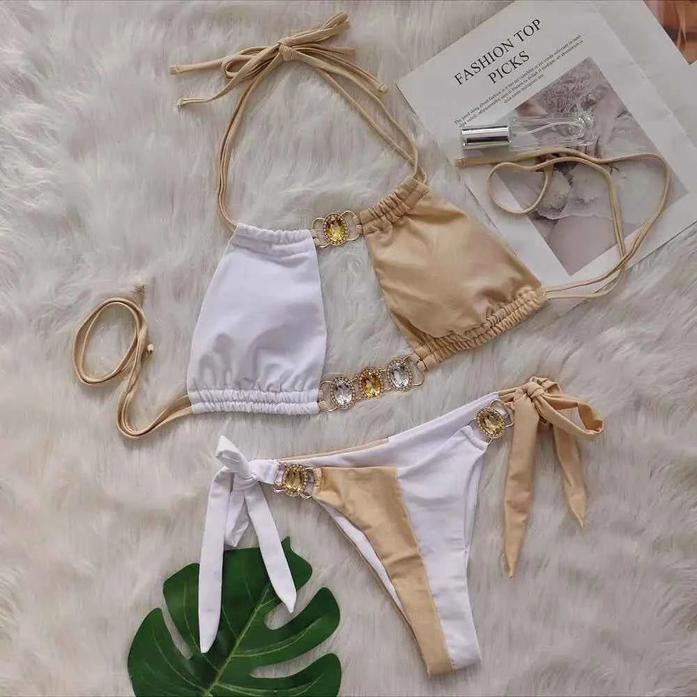2026 Splicing Halter Diamond Bikini Women Swimsuit Female Swimwear Two Pieces Bikini Set Hollow Out Bathing Suit Swim Beach Wear